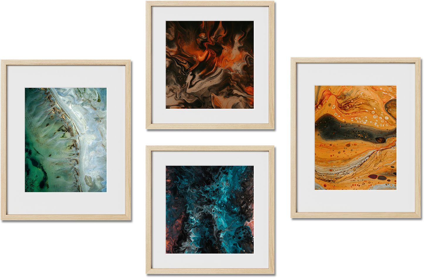 a group of four framed photographs of abstract art