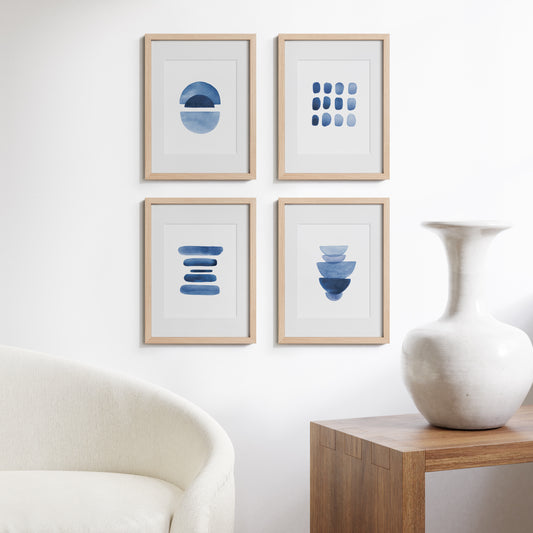 Framed Blue Abstract Print Set – Set of 4 Watercolor Art Prints