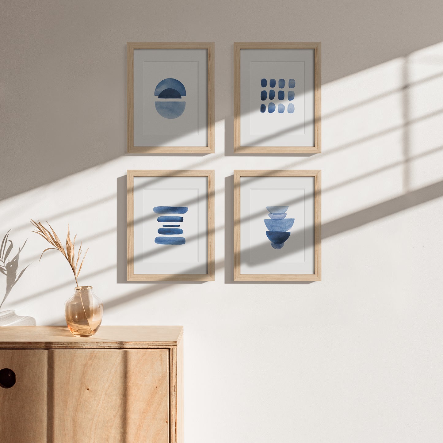 Framed Blue Abstract Print Set – Set of 4 Watercolor Art Prints