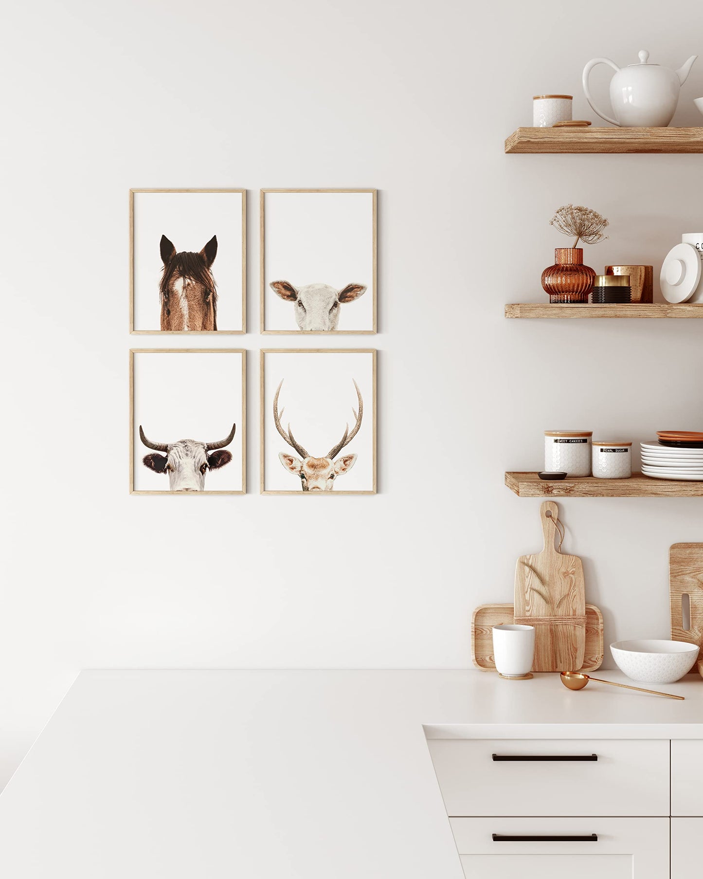 HAUS AND HUES Set of 4 Rustic Farm Animal Pictures - Horse Deer Cow and Goat Pictures Wall Decor | Farmhouse Pictures for the Home Modern Farmhouse Wall Decor for the Kitchen | 8" x 10" UNFRAMED