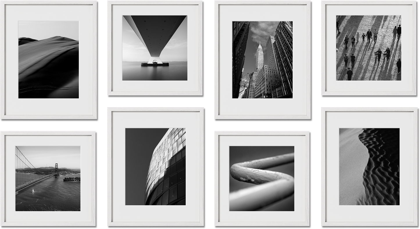 Alden gallery wall set featuring oak and metal frames in sizes like 4x6, 5x7, 6x8, 8x8, 8x10, 8.5x11, 9x12, 10x10, 11x14, 11x17, 12x12, 12x16, 12x18, 16x16, 16x20, 16x24, 18x24, 20x20, 20x30, 24x36, ideal for posters, art, or photos.