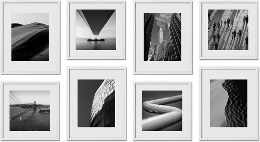 Alden gallery wall set featuring oak and metal frames in sizes like 4x6, 5x7, 6x8, 8x8, 8x10, 8.5x11, 9x12, 10x10, 11x14, 11x17, 12x12, 12x16, 12x18, 16x16, 16x20, 16x24, 18x24, 20x20, 20x30, 24x36, ideal for posters, art, or photos.