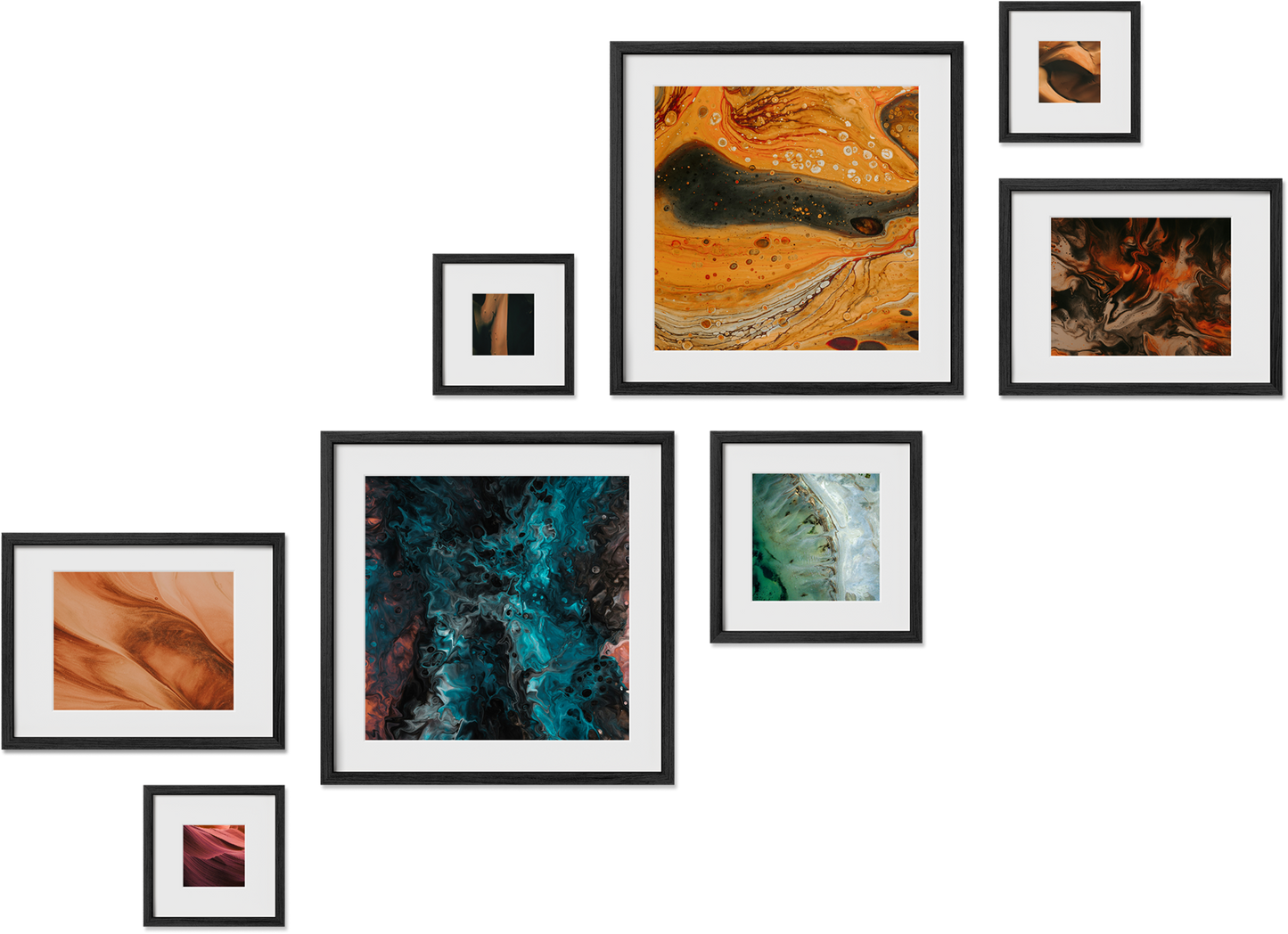 Kendal gallery wall set featuring 12x12, 8x8, 9x12, 5x7 frames, perfect for wall decor, offering matted options.