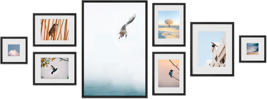 Ludlow art frame display featuring 6x8, 16x16, 10x10, 16x24 frames, perfect for living room decor, offering premium quality.