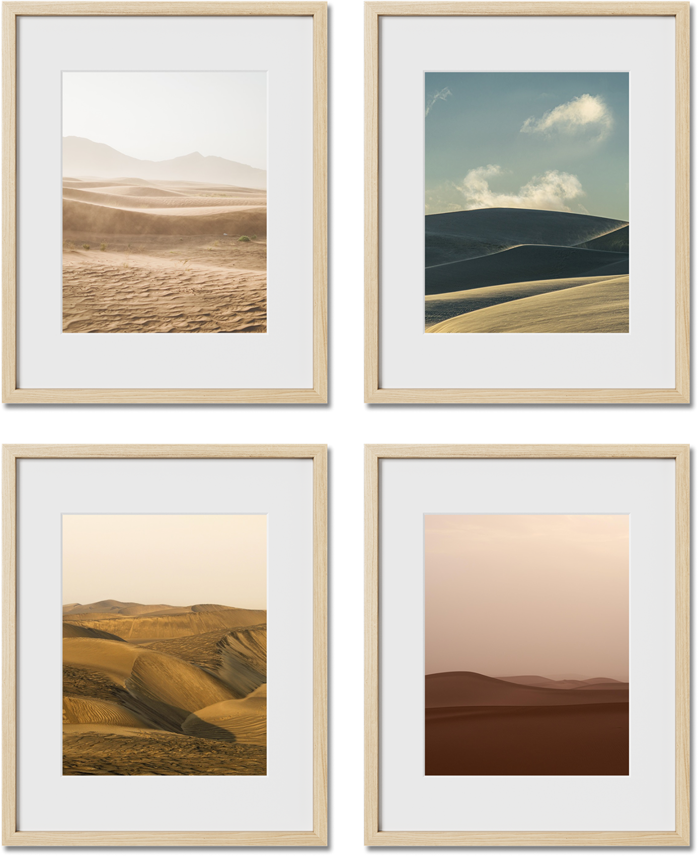 Set of 4 art frame display featuring 12x18, 20x20, 16x16, 6x8 frames, perfect for interior design, offering matted options.