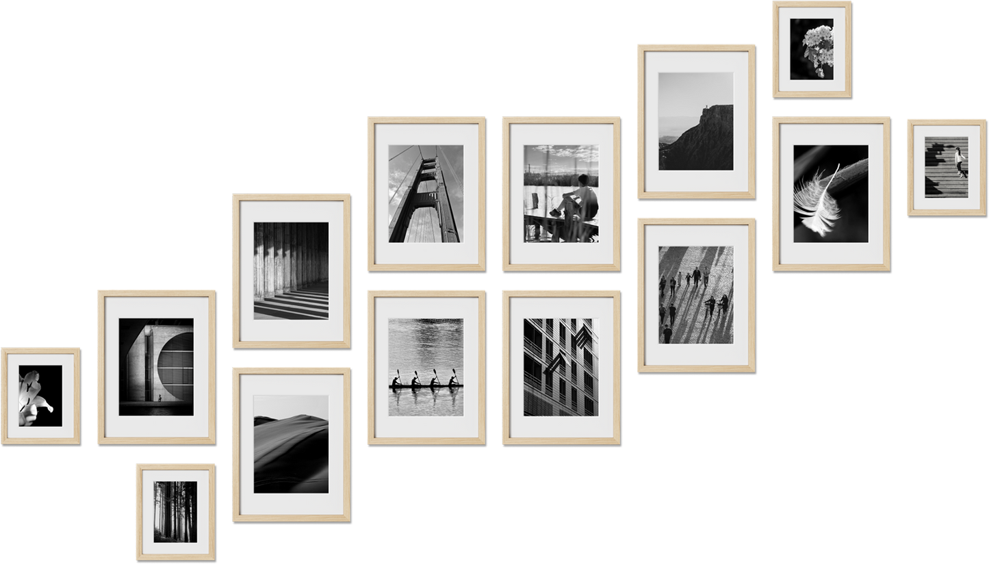 Stow art frame display featuring 8.5x11, 4x6, 12x18, 20x20 frames, perfect for interior design, offering durable build.