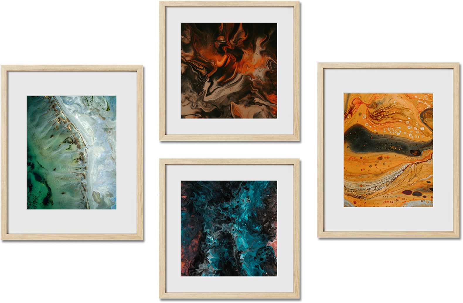 a group of four framed photographs of abstract art