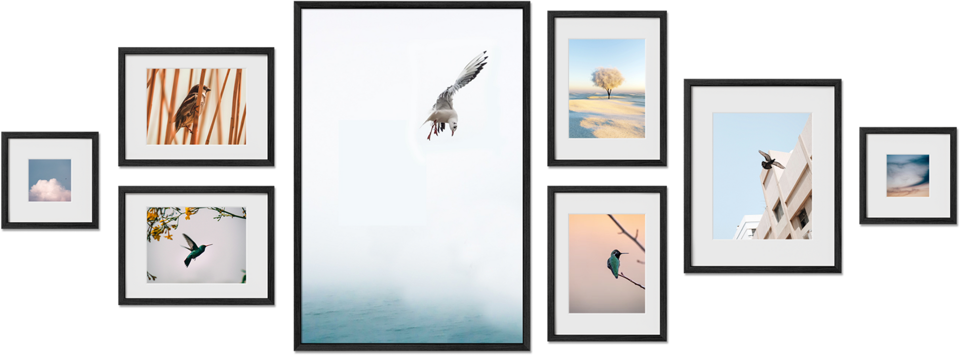 Ludlow art frame display featuring 6x8, 16x16, 10x10, 16x24 frames, perfect for living room decor, offering premium quality.