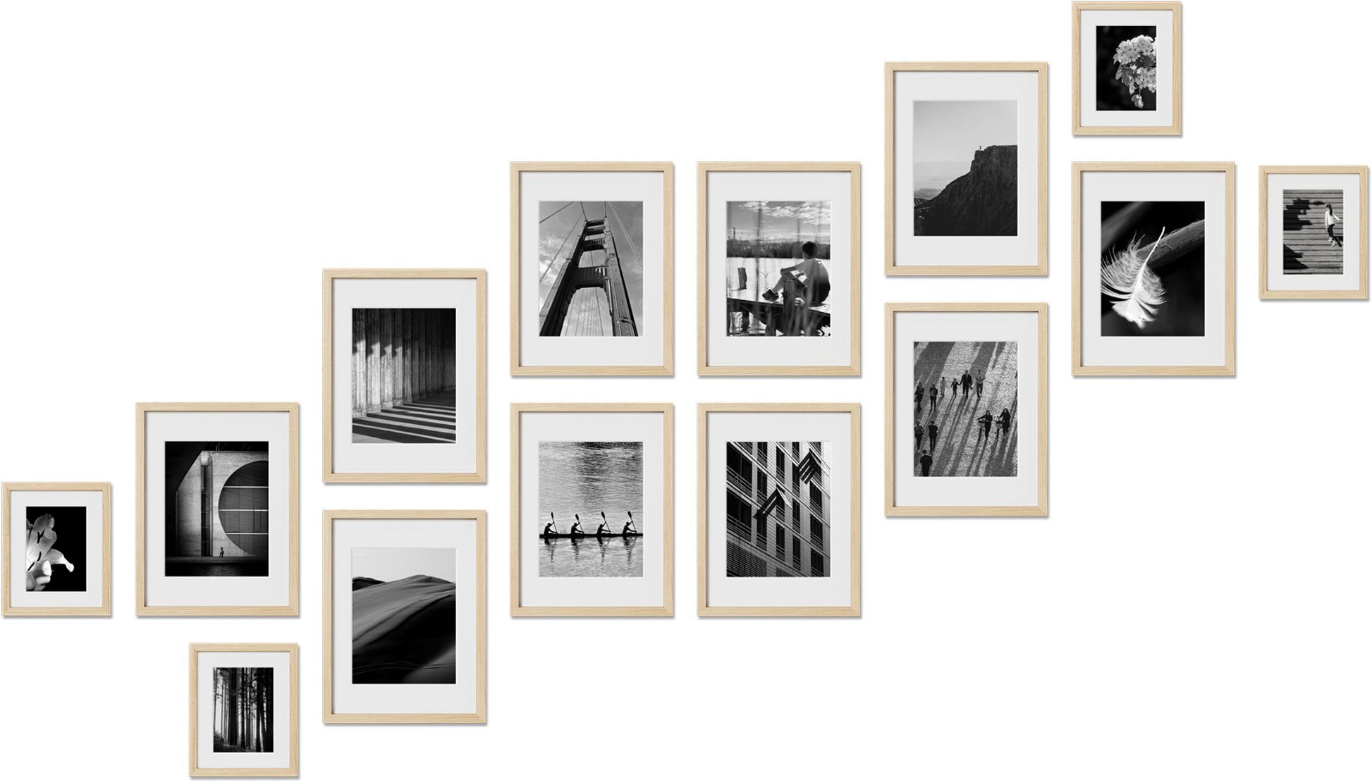 Stow art frame display featuring 8.5x11, 4x6, 12x18, 20x20 frames, perfect for interior design, offering durable build.
